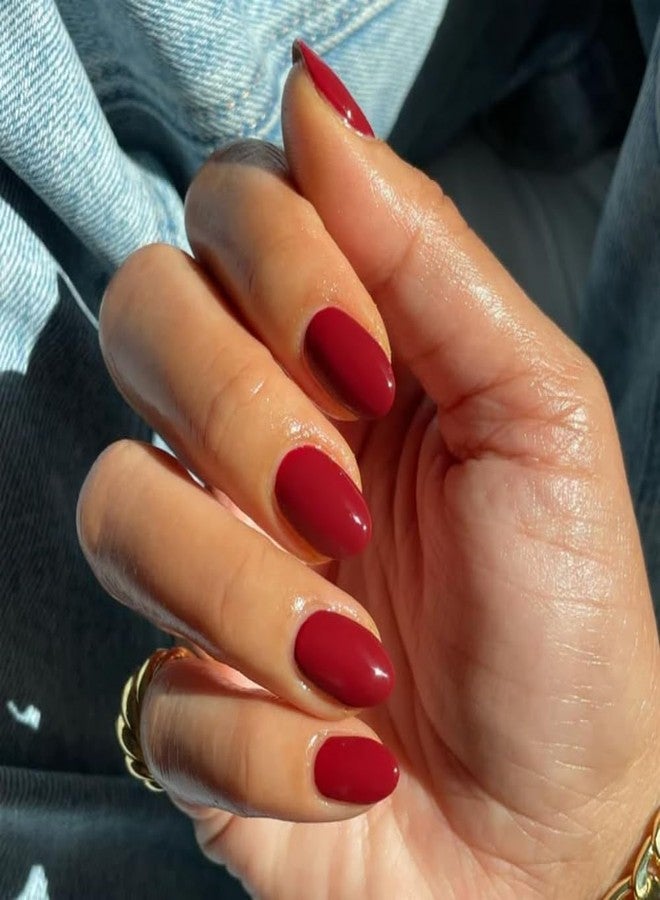 XCREANDO Cherry Red Press on Nails Short Almond Fake Nails Press ons, Thick Solid Color Glue on Nails Short False Nails, Medium Almond Nails Oval Round Shaped Nails for Women, 24Pcs Natural Acrylic Gel Nails - Image 1